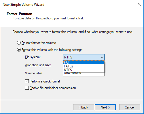 the FAT and FAT32 option