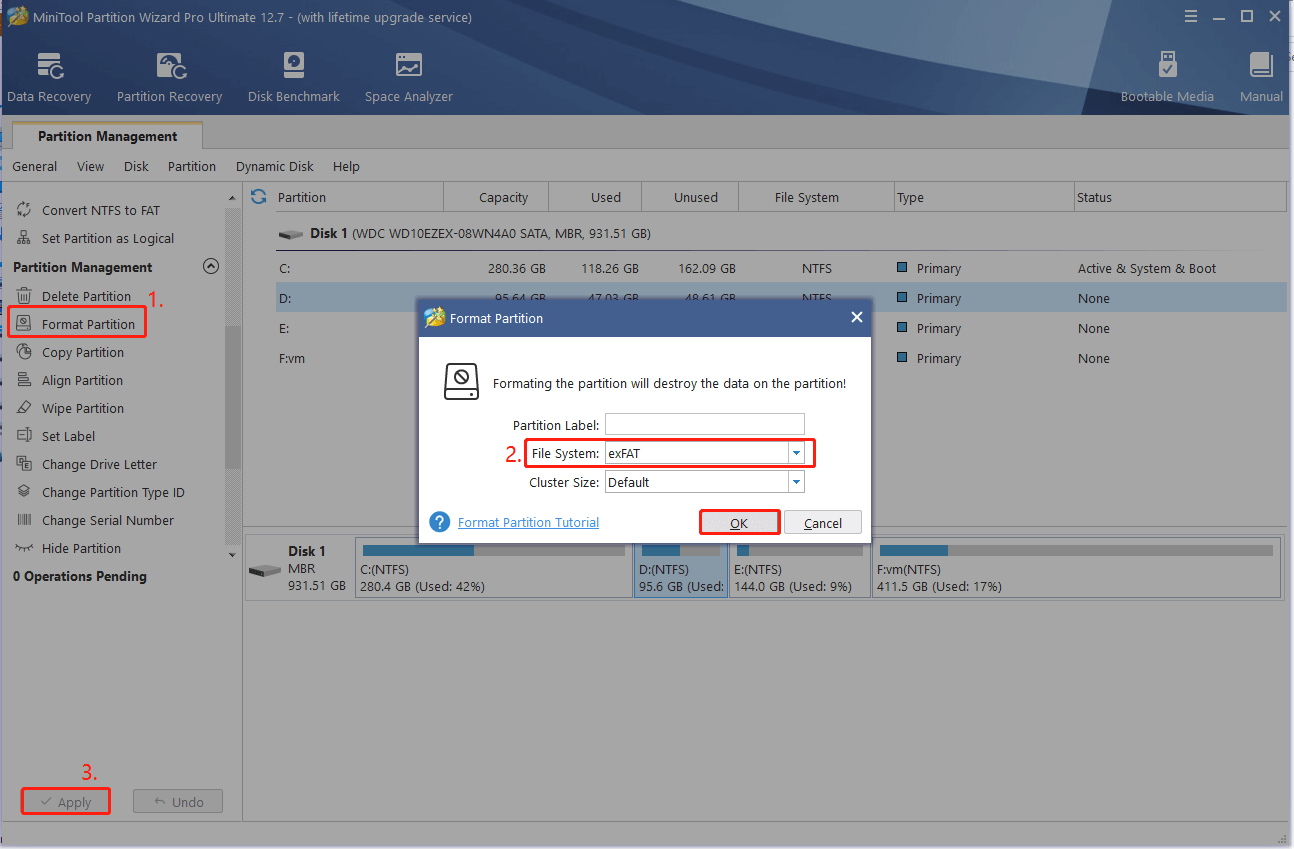 format a drive to exFAT using MiniTool