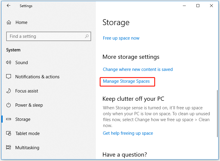 click on the Manage Storage Spaces link