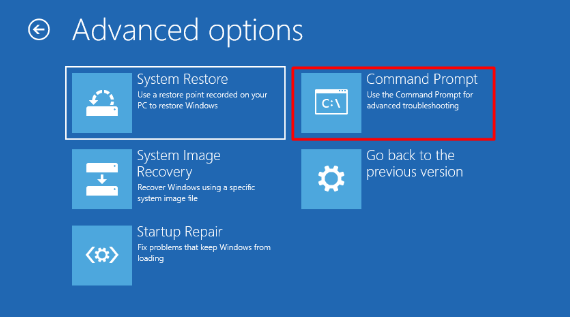 select Command Prompt in Advanced options