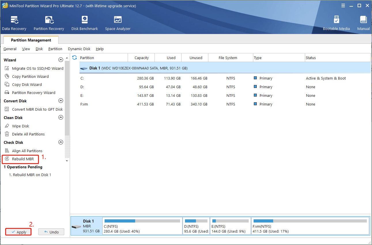 rebuild MBR using MiniTool