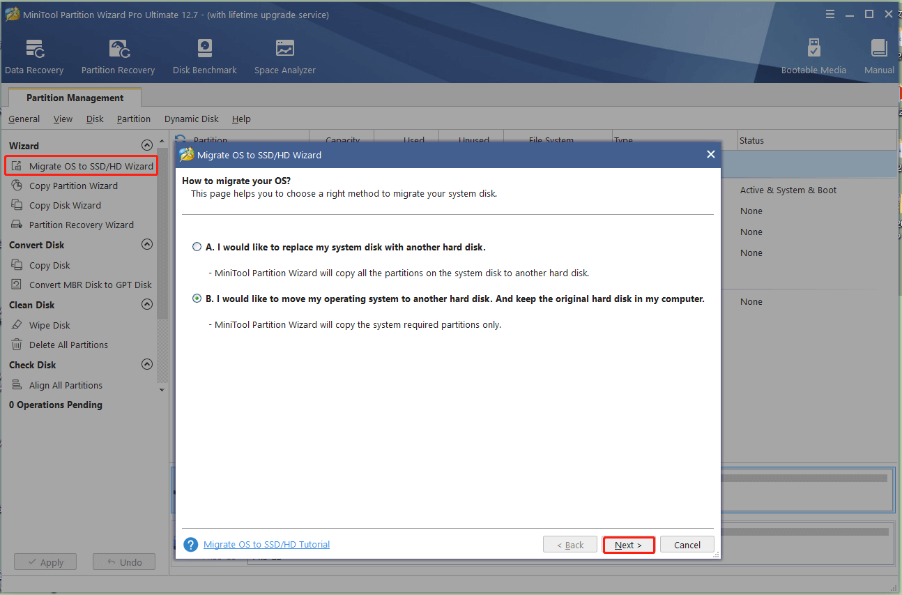 select Migrate OS to SSD on MiniTool