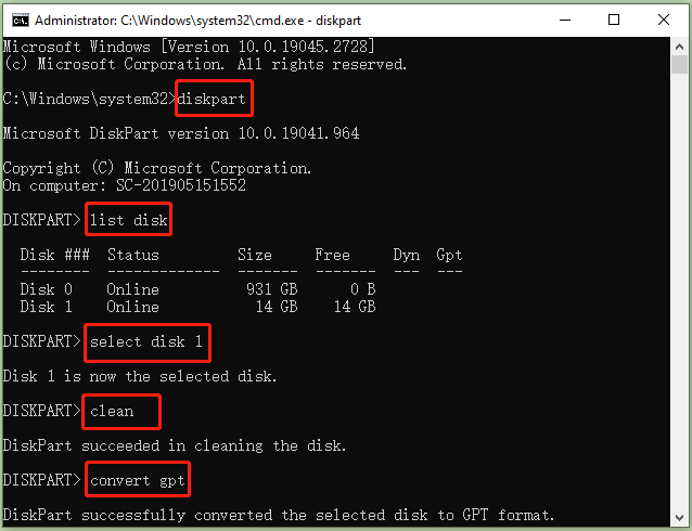 clean disk and convert GPT via diskpart