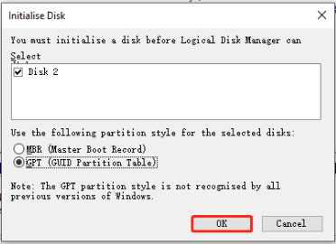select GPT in Initialize Disk