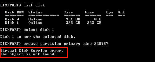 diskpart Virtual Disk Service error disk the object is not found