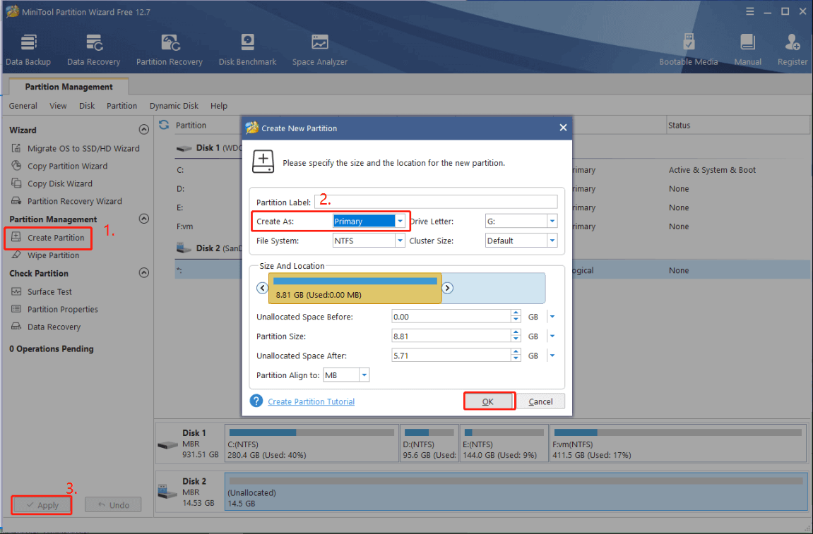 create a primary partition using MiniTool
