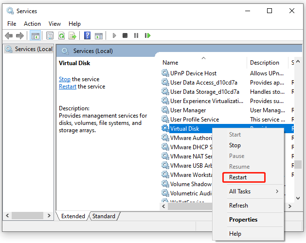 restart Virtual Disk service