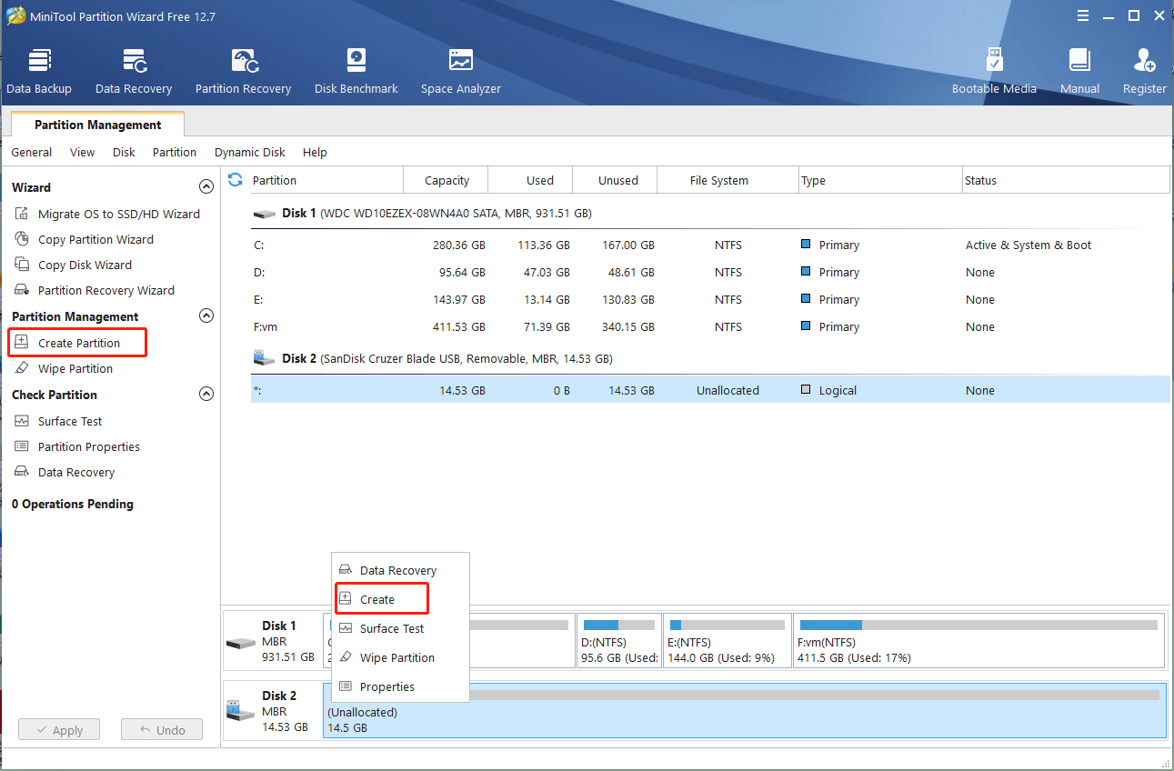 select Create Partition on MiniTool