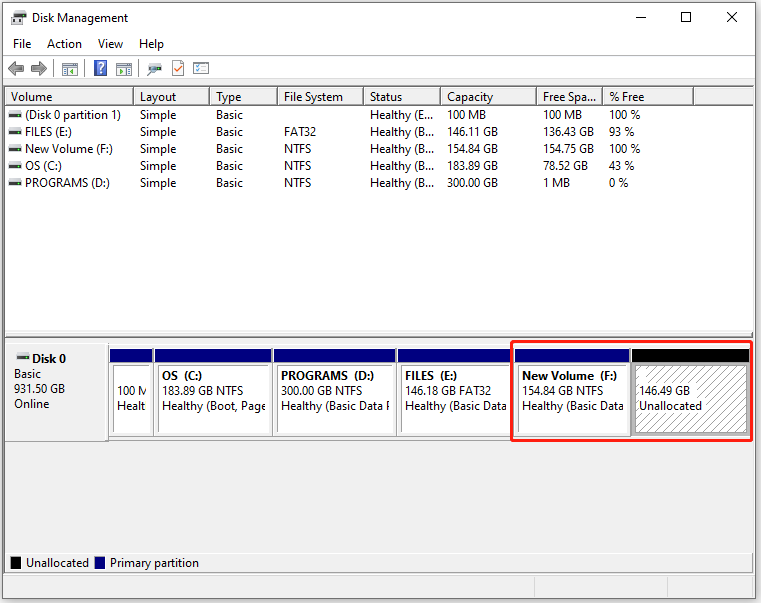 the location of the target partition and unallocated space