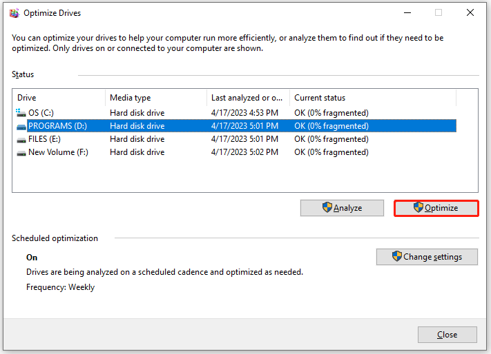 optimize the selected drive