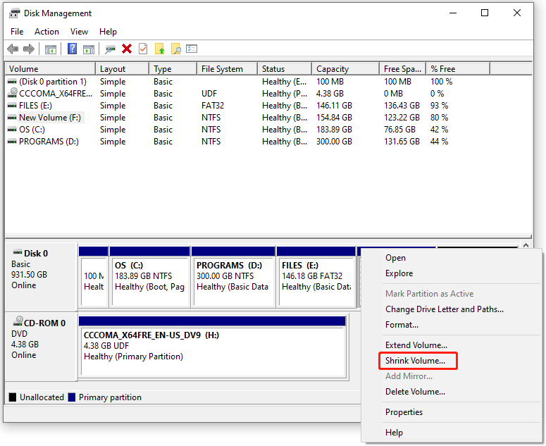 click Shrink Volume