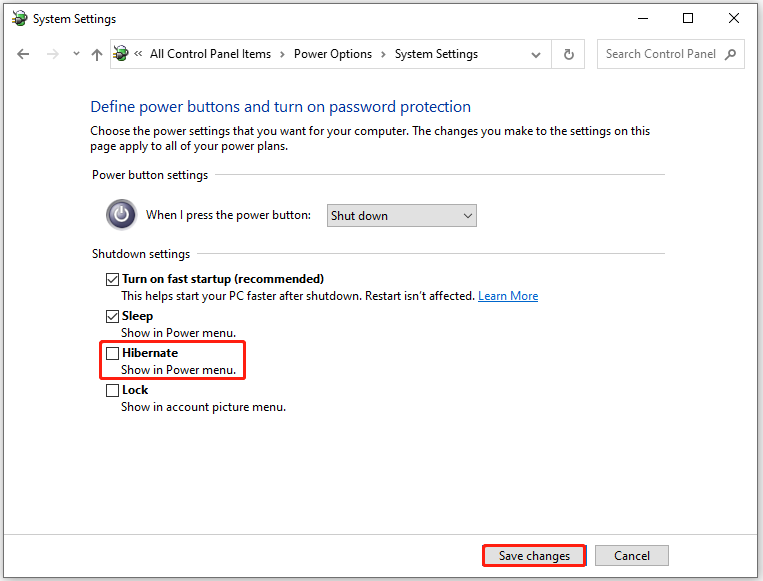 disable Hibernate and save changes