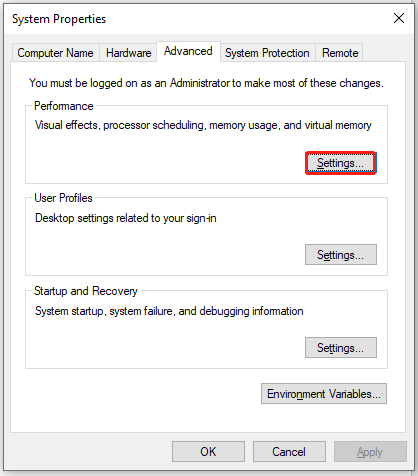click Settings under the Performance section