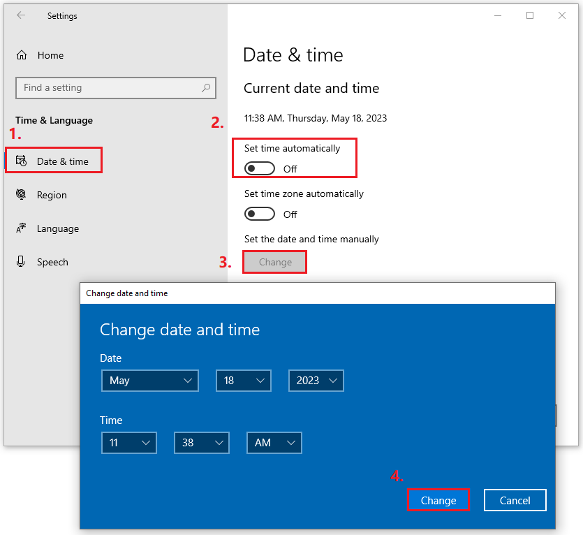 the steps to change date and time
