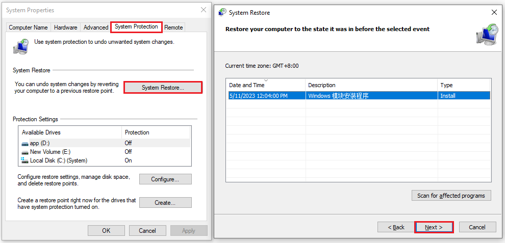 the steps to use system restore point