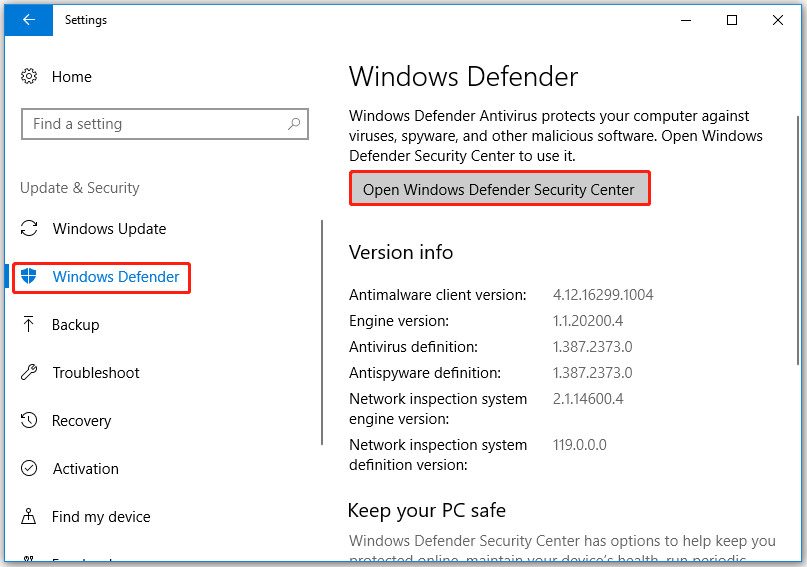 open Windows Defender Security Center