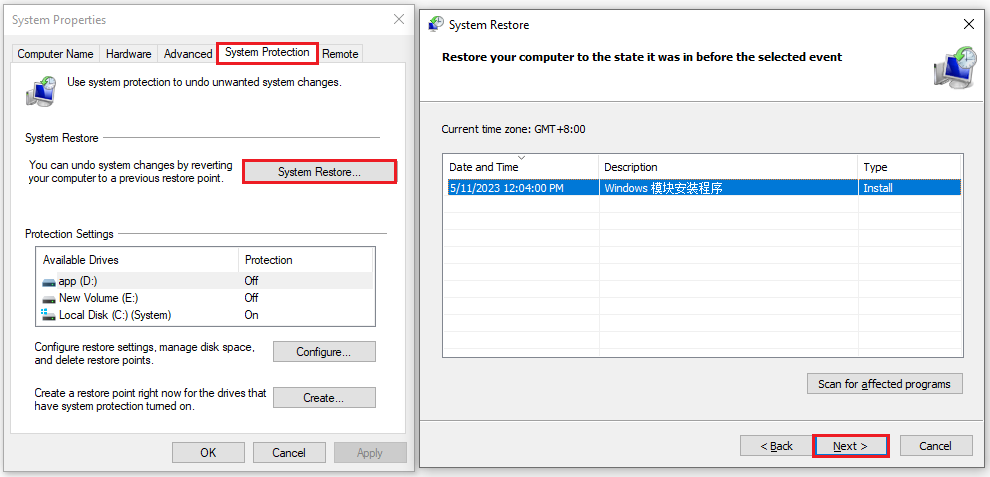 select a restore point
