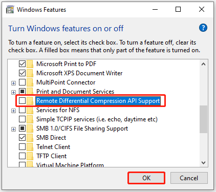 uncheck Remote Differential Compression API Support