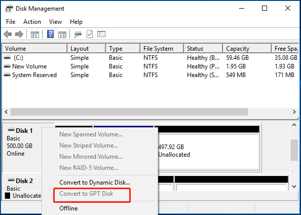 convert to GPT is greyed out