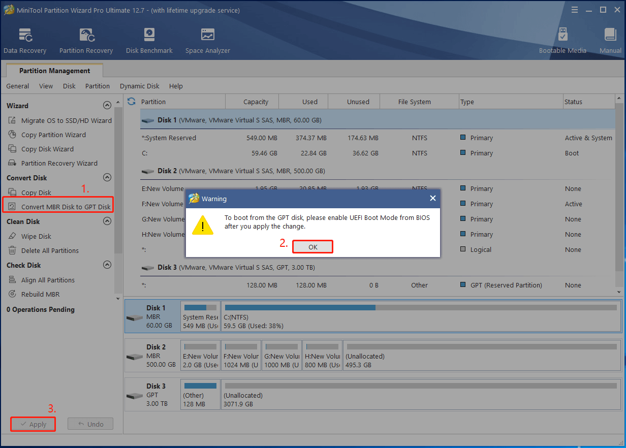 convert MBR to GPT using MiniTool Partition Wizard