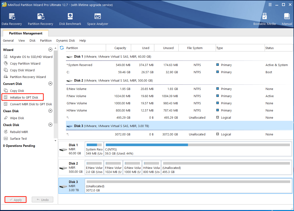 initialize to GPT using MiniTool Partition Wizard
