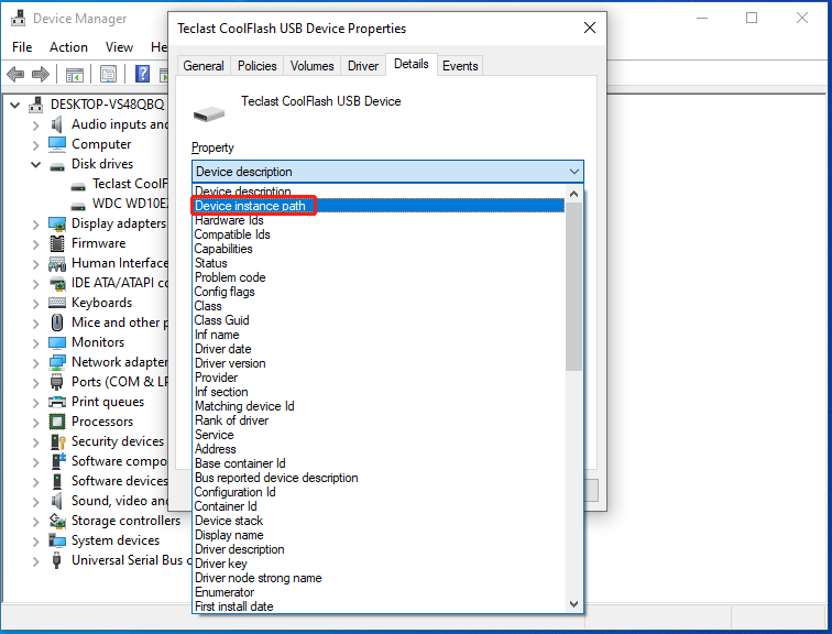 Nhấp vào Device instance path