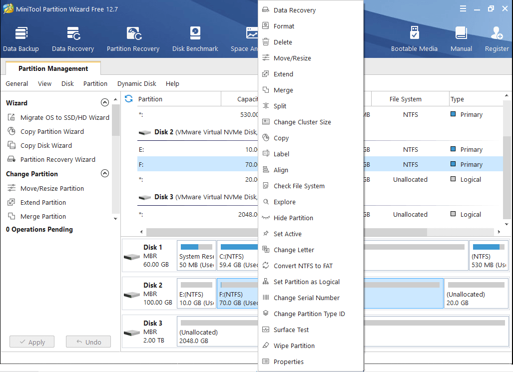 Select the desired feature for the target disk or partition