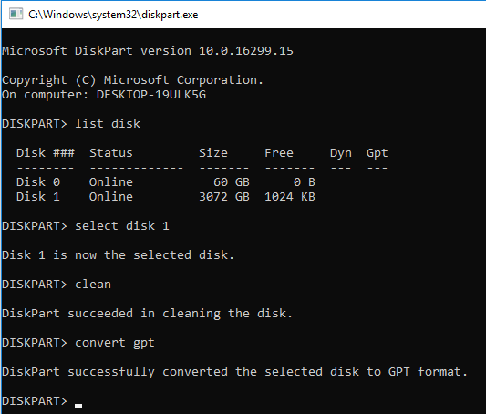 DiskPart convert GPT