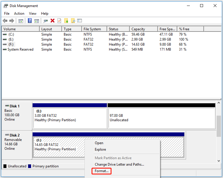 format USB drive in Disk Management