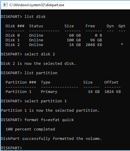 format USB drive to exFAT using DiskPart