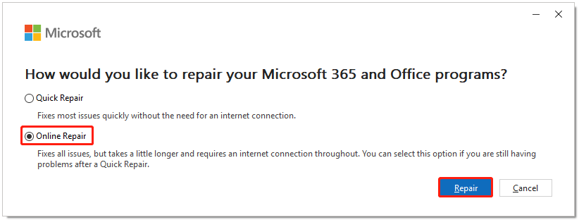 repair Microsoft Office online