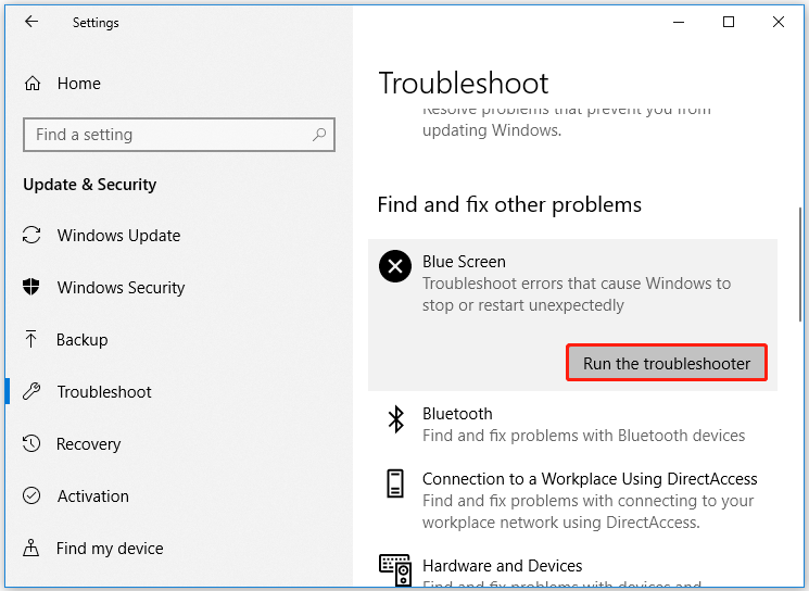 run the Blue Screen Troubleshooter