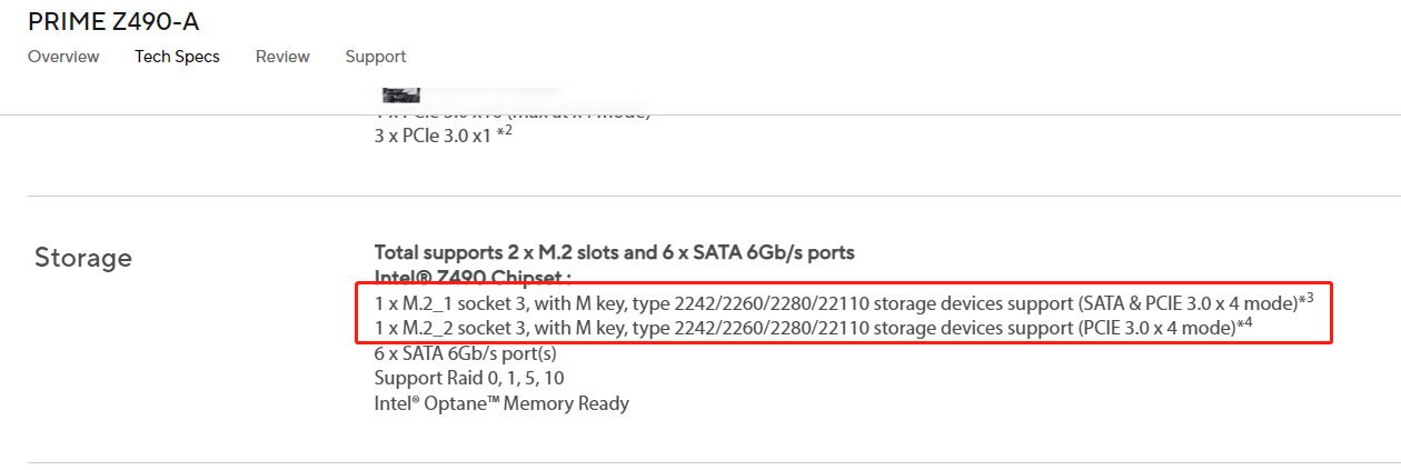 PRIME Z490-A Tech Specs Storage