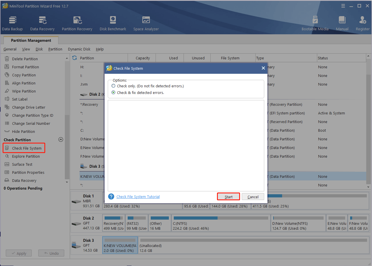check file system using MiniTool