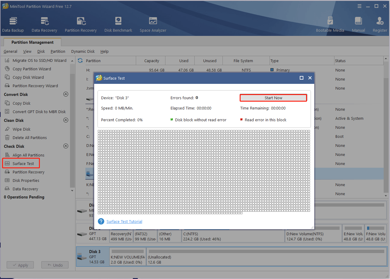 click Surface Test on MiniTool