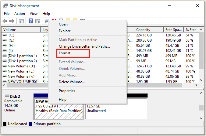 select Format in Disk Management