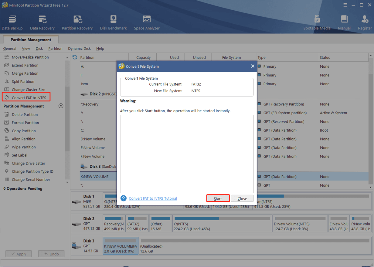 convert FAT to NTFS using MiniTool