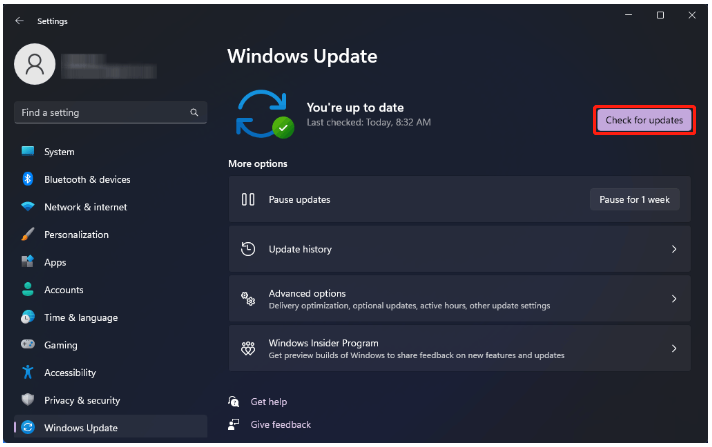 click Check for updates on Windows 11