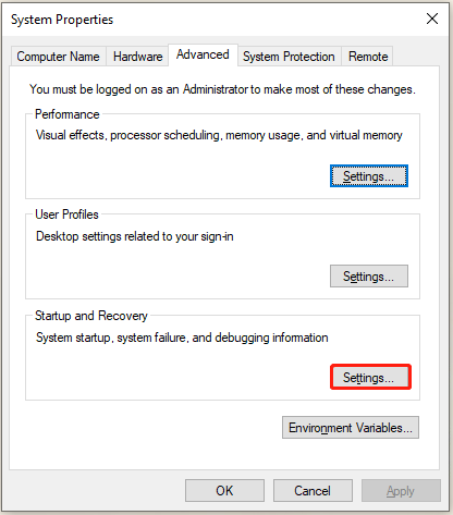 click Settings under Startup and Recovery