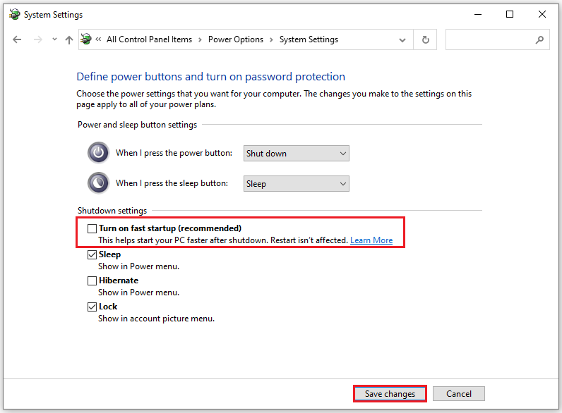 uncheck Turn on fast start