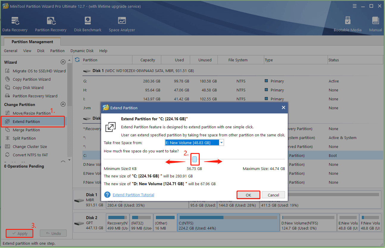 extend C partition using MiniTool