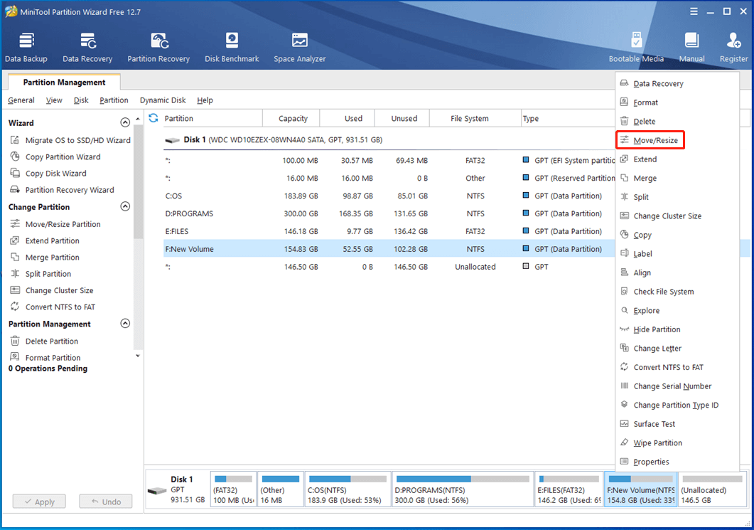 move or resize partition