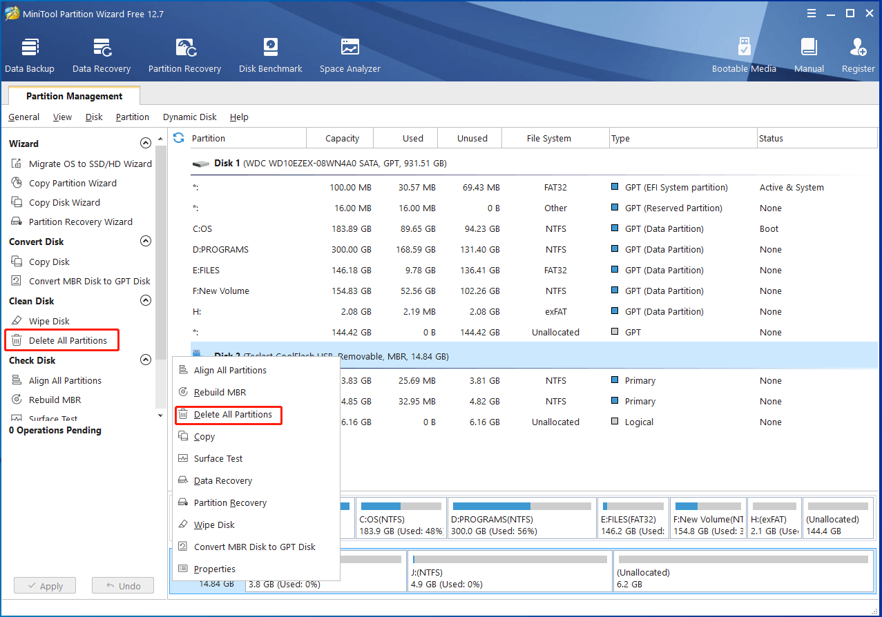 nhấp chuột vào Delete All Partitions