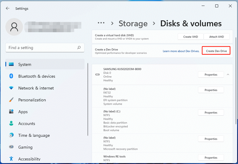 click Create Dev Drive