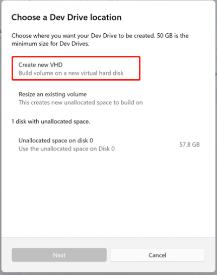 create a new VHD for the Dev Drive