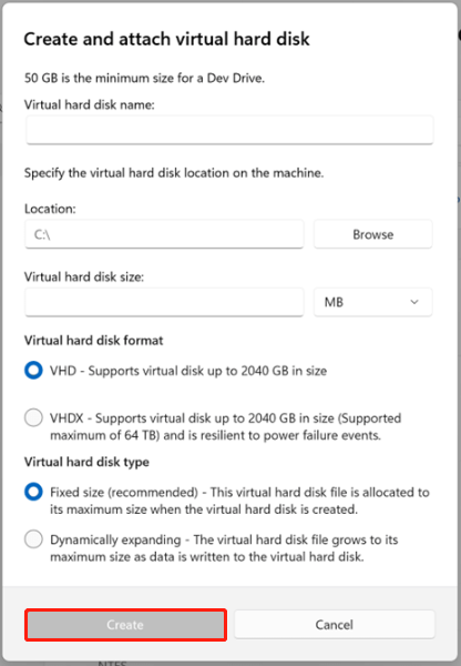 create and attach the virtual hard disk for the Dev Drive