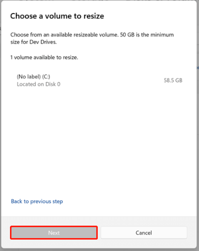 select a volume to resize for Dev Drive