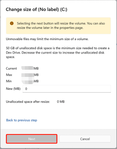 change the size of the Dev Drive