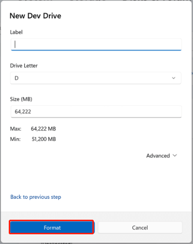 resize the Dev Drive