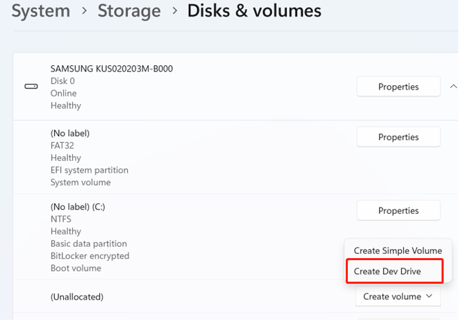 select Create Dev Drive
